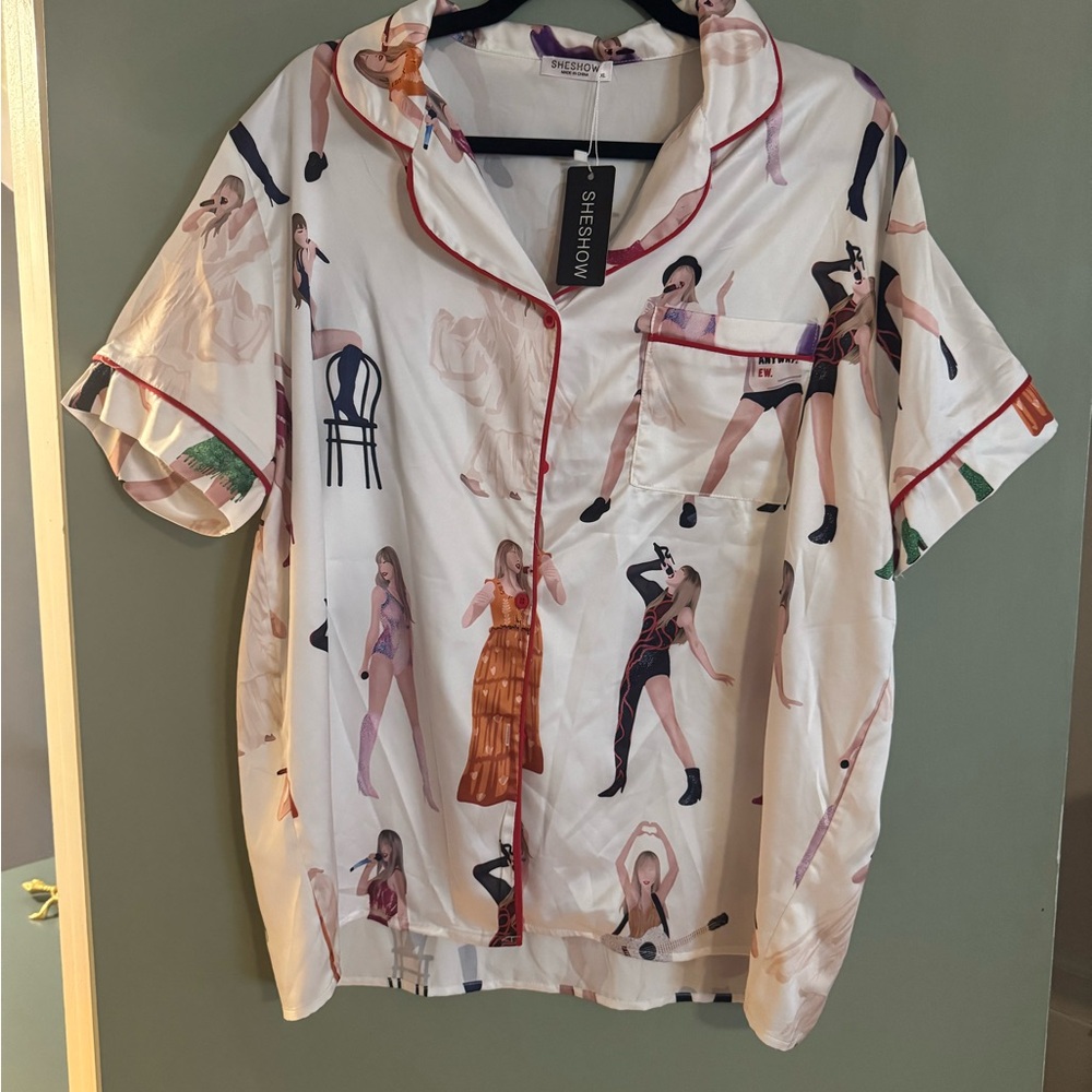 Shein White Satin Pajama Top with Fashion Print